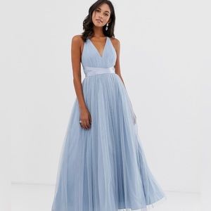 ASOS DESIGN Premium Tulle Maxi Prom Dress With Ribbon Ties in Dusky Blue US 6